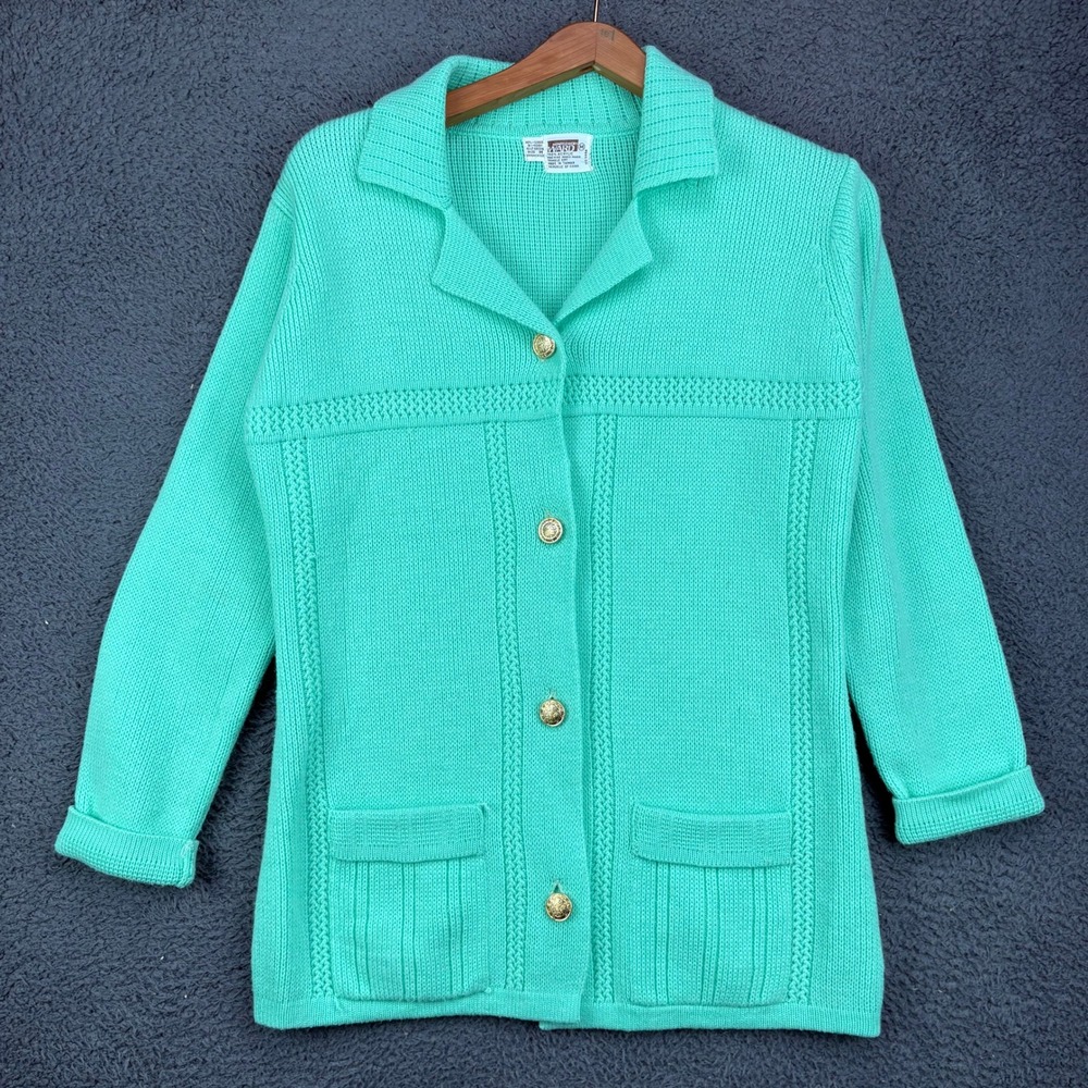 Vintage Montgomery Ward Mint Green Knit Cardigan Sweater Gold Crest Buttons Med